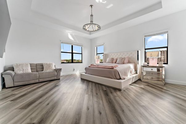 Bedroom, Interior, Pendant Lights, Wood Texture Flooring