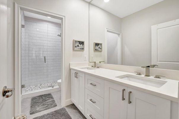 Bathroom, Dual Sink Vanities, Glass Shower, Interior, Recessed Lighting