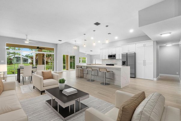 Dining room, Interior, Kitchen, Living room, Pendant Lights, Recessed Lighting, Stainless Steel Appliances, Wood Texture Flooring