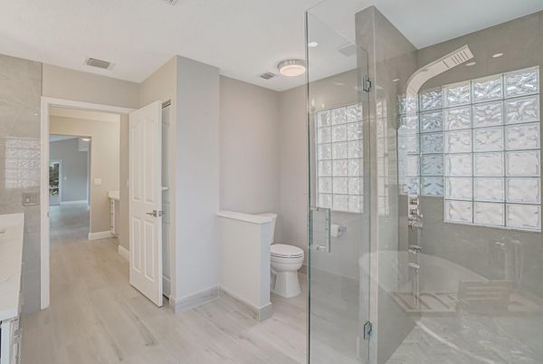 Bathroom, Glass Shower, Interior, Recessed Lighting, Wood Texture Flooring