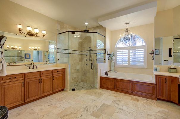 Bathroom, Chandelier, Dual Sink Vanities, Glass Shower, Interior, Recessed Lighting