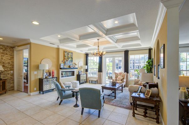 Fireplace, Interior, Living room, Recessed Lighting, Stone Walls