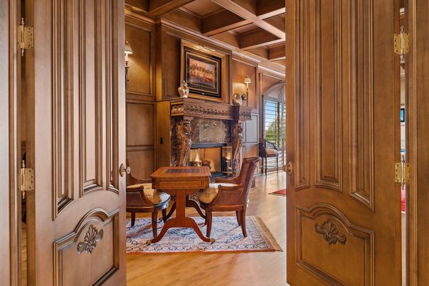 Dining room, Fireplace, Interior, Wooden Ceilings, Wood Texture Flooring, Wooden Walls