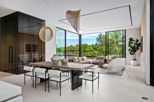 Dining room, Interior, Living room, Pendant Lights, Wooden Walls