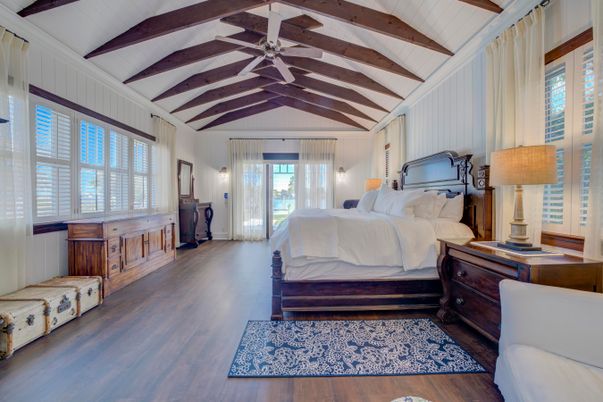 Bedroom, Interior, Pendant Lights, Wooden Beams, Wood Texture Flooring
