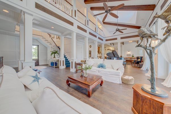 Interior, Living room, Piano, Recessed Lighting, Wooden Beams, Wood Texture Flooring