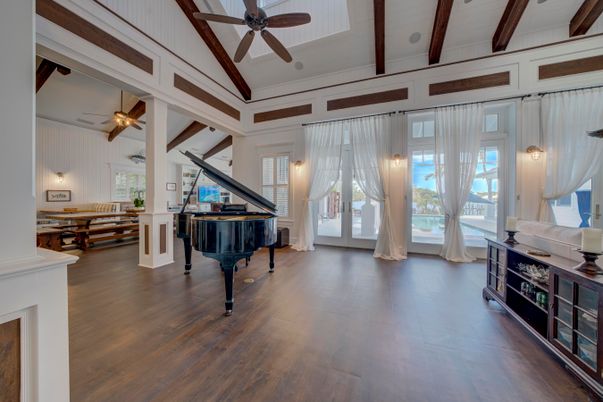 Dining room, Interior, Piano, Water, Wooden Beams, Wood Texture Flooring