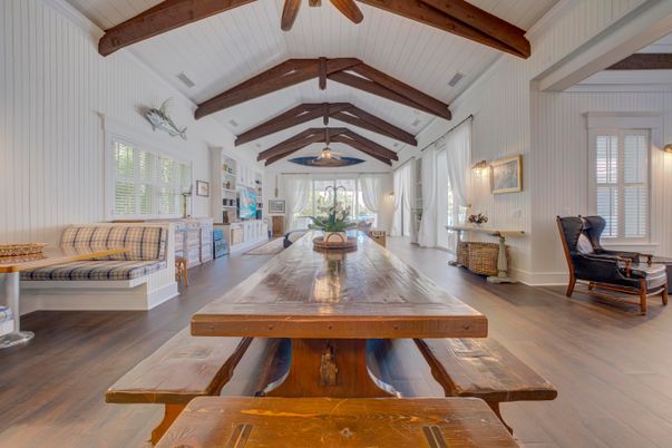 Dining room, Interior, Pendant Lights, Wooden Beams, Wood Texture Flooring