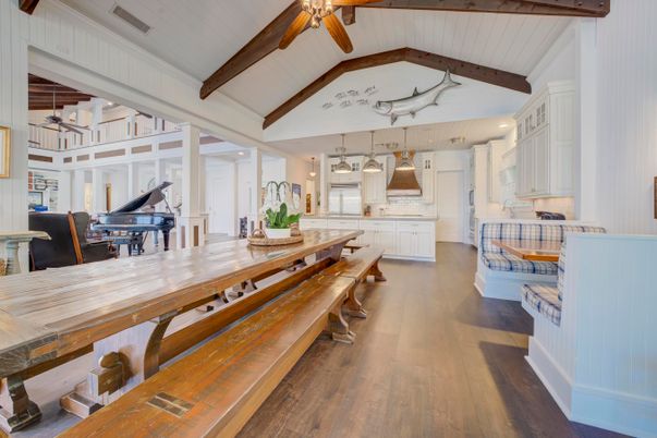 Interior, Kitchen, Pendant Lights, Piano, Recessed Lighting, Wooden Beams, Wood Texture Flooring