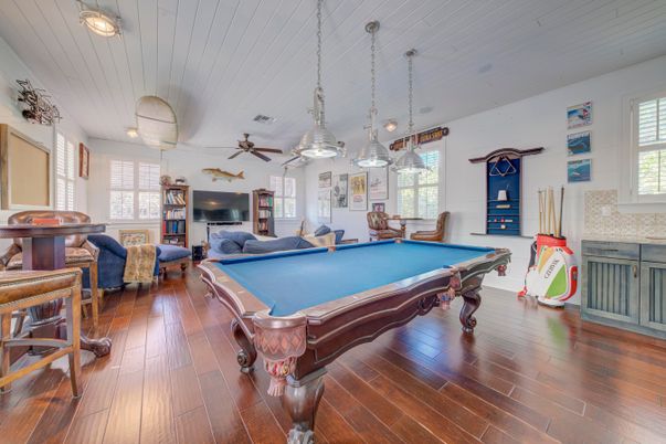 Billiard Table, Game Room, Interior, Pendant Lights, Wood Texture Flooring