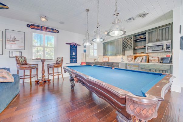 Billiard Table, Game Room, Interior, Pendant Lights, Wood Texture Flooring