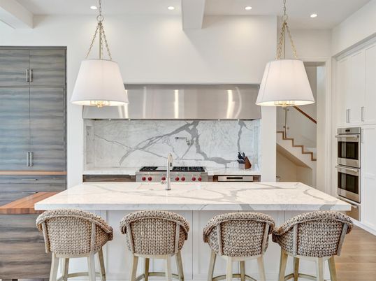 Interior, Kitchen, Marble Walls, Pendant Lights, Recessed Lighting, Stainless Steel Appliances, Wood Texture Flooring