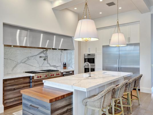 Interior, Kitchen, Marble Walls, Pendant Lights, Recessed Lighting, Stainless Steel Appliances