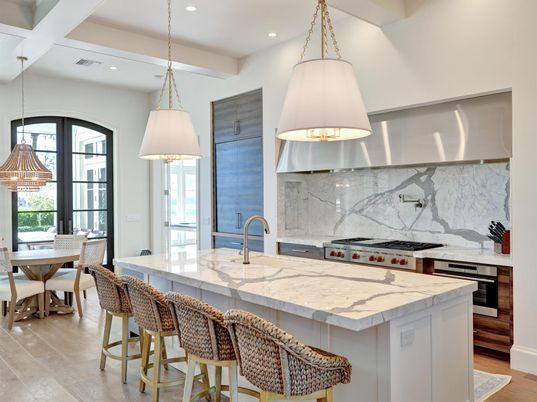 Dining room, Interior, Kitchen, Marble Walls, Pendant Lights, Recessed Lighting, Stainless Steel Appliances
