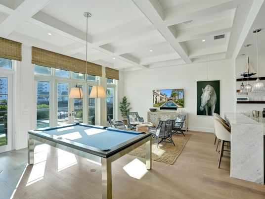 Billiard Table, Game Room, Interior, Pendant Lights, Recessed Lighting, Wood Texture Flooring