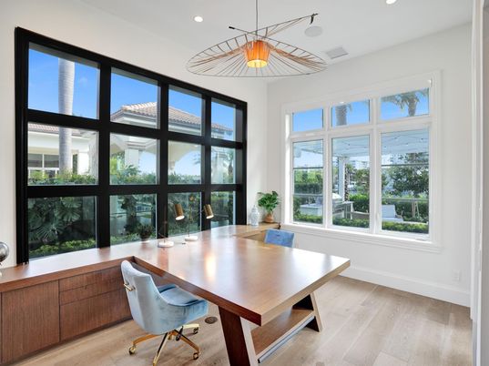 Home Office, Interior, Pendant Lights, Recessed Lighting, Wood Texture Flooring