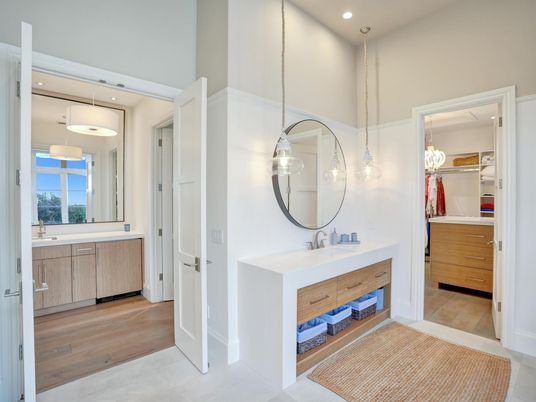 Bathroom, Dual Sink Vanities, Interior, Pendant Lights, Recessed Lighting, Wood Texture Flooring