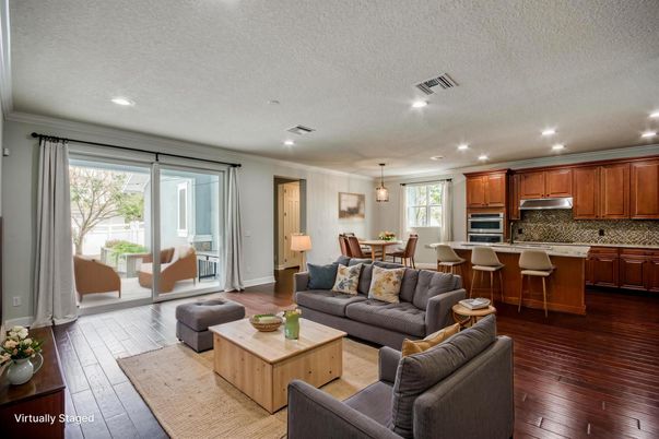 Dining room, Interior, Kitchen, Living room, Recessed Lighting, Stainless Steel Appliances, Wood Texture Flooring