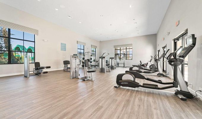 Fitness Equipment, Gym, Interior, Recessed Lighting, Wood Texture Flooring