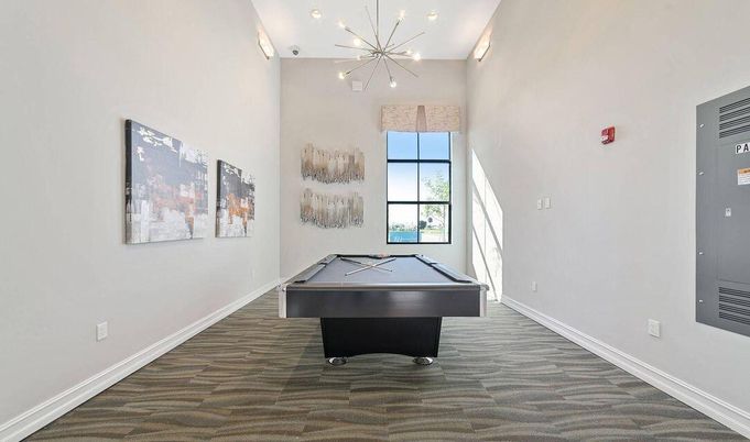 Billiard Table, Game Room, Interior, Pendant Lights, Wood Texture Flooring