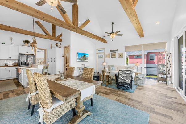 Dining room, Interior, Kitchen, Living room, Recessed Lighting, Stainless Steel Appliances, Wooden Beams, Wood Texture Flooring