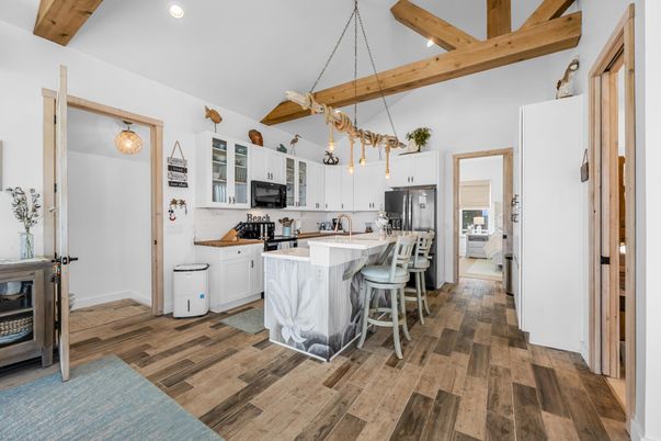 Interior, Kitchen, Pendant Lights, Recessed Lighting, Wooden Beams, Wood Texture Flooring