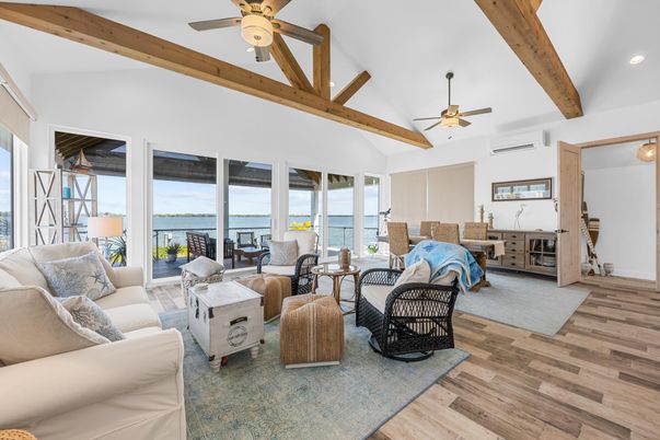 Interior, Living room, Recessed Lighting, Water, Wooden Beams, Wood Texture Flooring