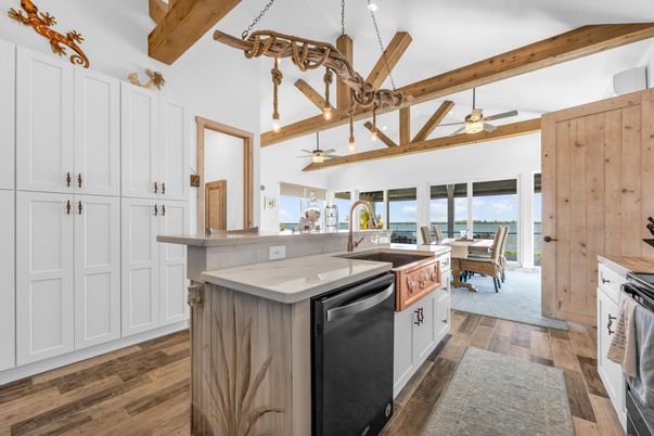 Dining room, Interior, Kitchen, Pendant Lights, Water, Wooden Beams, Wood Texture Flooring