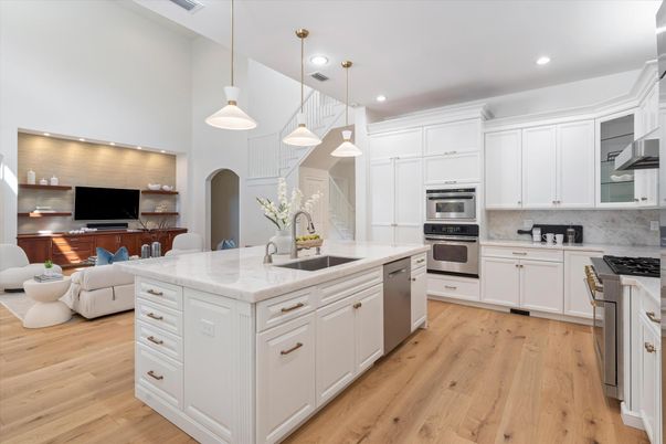 Interior, Kitchen, Living room, Pendant Lights, Recessed Lighting, Stainless Steel Appliances, Wood Texture Flooring