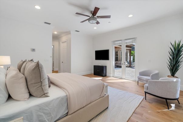 Bedroom, Interior, Recessed Lighting, Wood Texture Flooring