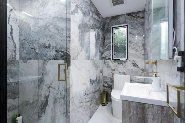 Bathroom, Glass Shower, Interior, Marble, Marble Walls