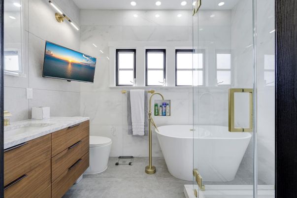 Bathroom, Dual Sink Vanities, Free Standing Baths, Glass Shower, Interior, Marble Walls, Recessed Lighting