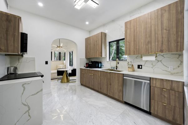 Interior, Kitchen, Marble, Marble Walls, Pendant Lights, Recessed Lighting, Stainless Steel Appliances