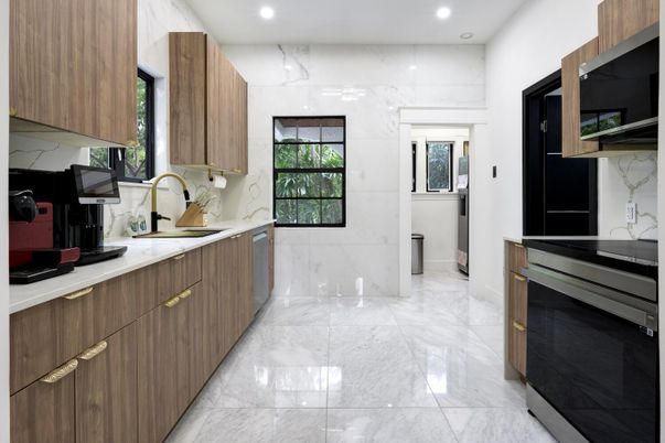 Interior, Kitchen, Marble, Marble Walls, Recessed Lighting, Stainless Steel Appliances