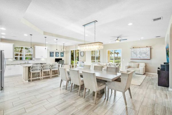 Chandelier, Dining room, Interior, Kitchen, Living room, Pendant Lights, Recessed Lighting, Wood Texture Flooring
