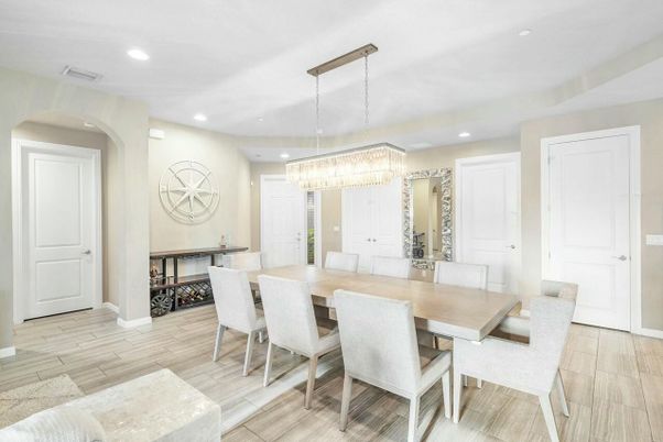 Chandelier, Dining room, Interior, Recessed Lighting, Wood Texture Flooring