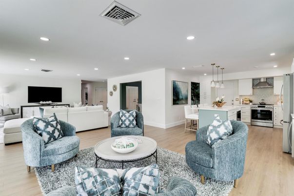 Dining room, Interior, Kitchen, Living room, Pendant Lights, Recessed Lighting, Stainless Steel Appliances, Wood Texture Flooring