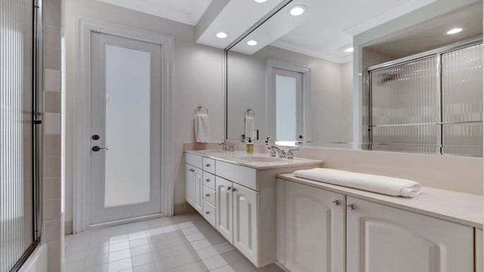Bathroom, Dual Sink Vanities, Glass Shower, Interior, Recessed Lighting