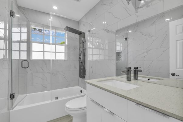 Bathroom, Glass Shower, Interior, Marble Walls, Recessed Lighting