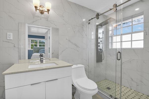 Bathroom, Glass Shower, Interior, Marble Walls