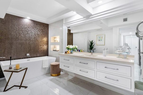 Bathroom, Dual Sink Vanities, Interior, Marble, Recessed Lighting