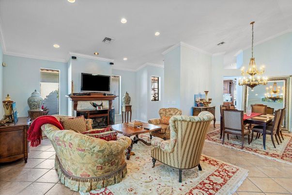 Chandelier, Dining room, Fireplace, Interior, Living room, Recessed Lighting