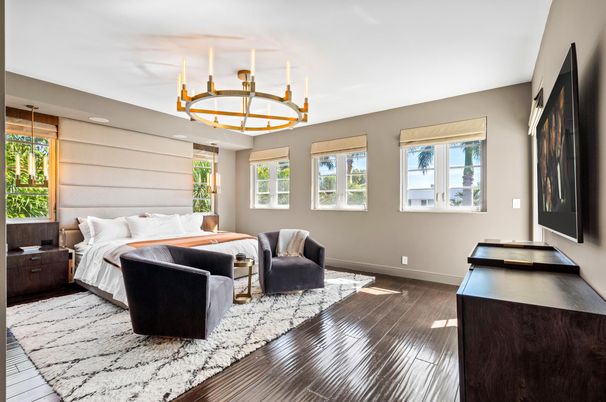 Bedroom, Chandelier, Interior, Wood Texture Flooring