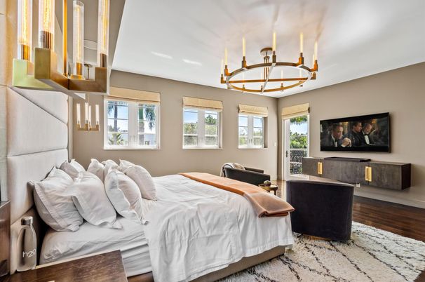 Bedroom, Chandelier, Interior, Wood Texture Flooring