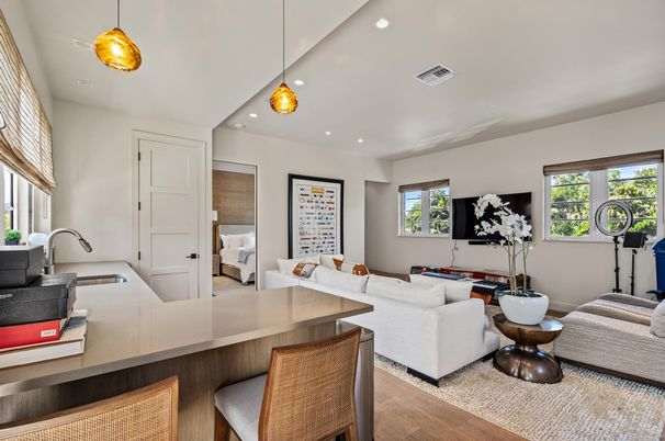 Interior, Living room, Pendant Lights, Recessed Lighting, Wood Texture Flooring