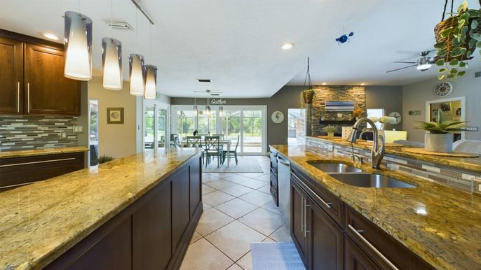 Dining room, Fireplace, Interior, Kitchen, Pendant Lights, Recessed Lighting