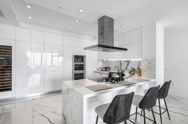 Interior, Kitchen, Marble, Marble Walls, Recessed Lighting, Stainless Steel Appliances
