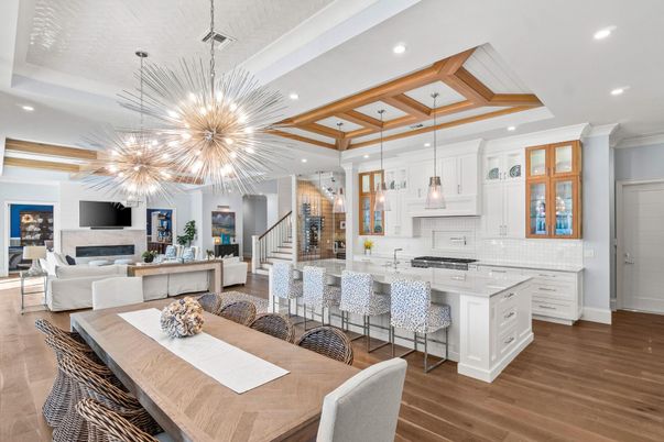 Fireplace, Interior, Kitchen, Living room, Pendant Lights, Recessed Lighting, Stainless Steel Appliances, Wood Texture Flooring