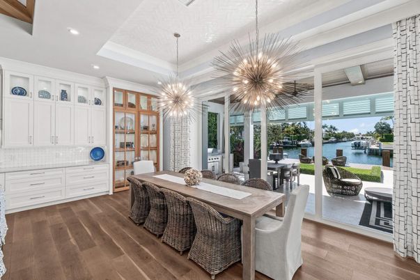 Dining room, Interior, Pendant Lights, Recessed Lighting, Water, Wood Texture Flooring