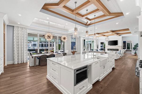 Interior, Kitchen, Living room, Pendant Lights, Recessed Lighting, Wooden Beams, Wood Texture Flooring